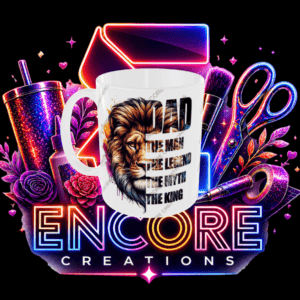 Bright neon-themed mug featuring a lion and inspiring quote, surrounded by beauty products and colou.